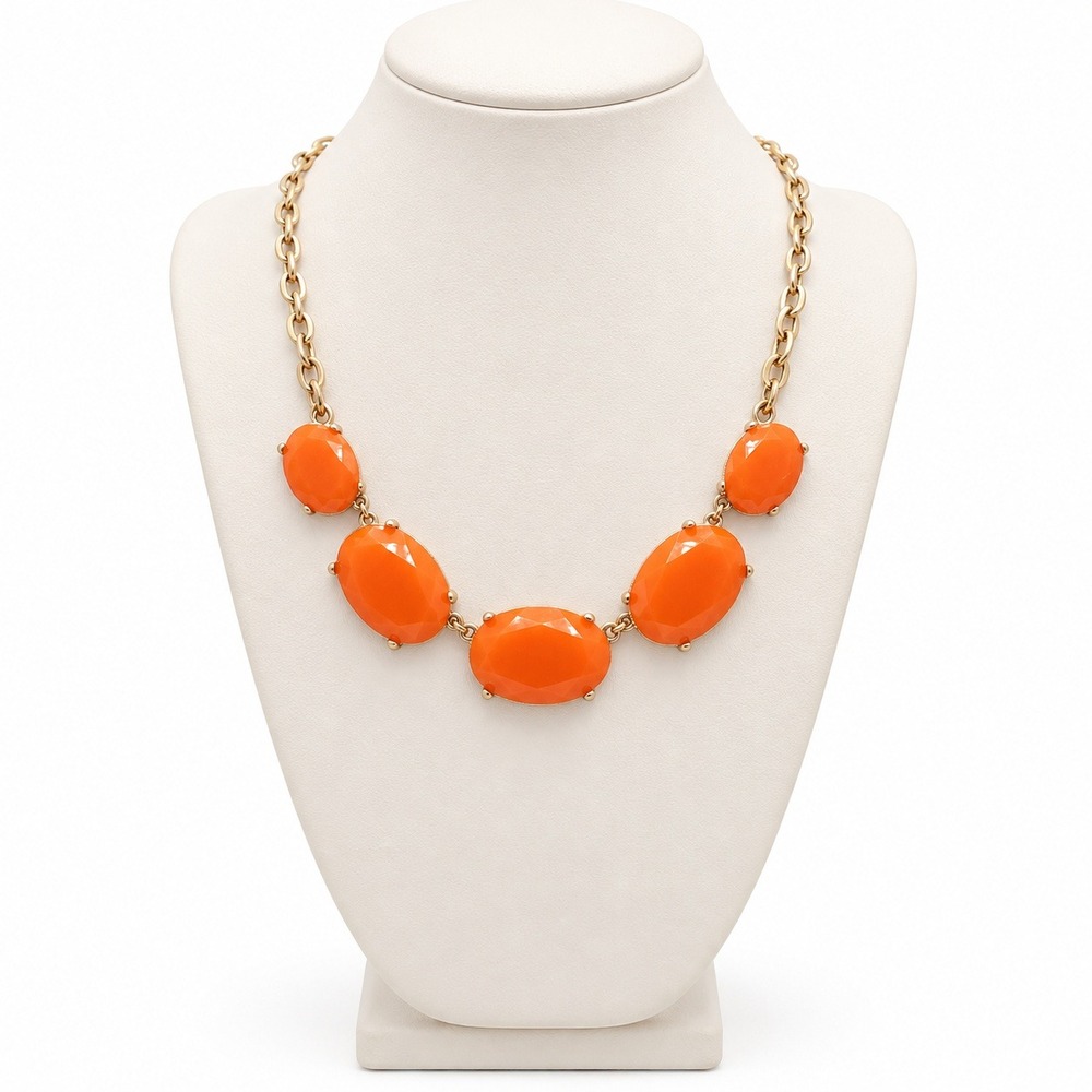 Orange Oval Bib Statement Necklace Gold Tone Acrylic Stones 18-21 Inch